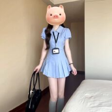 批发学院风polo领蓝色<b class='q'>格子</b>衬衫裙女夏季新款小个子收腰显瘦百褶短裙子