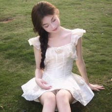 原版做法法式公主风白色小飞袖方领连衣裙女设计感小个子收腰套装