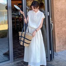 批发新中式国风两件套装纽扣下摆抽绳短袖上衣女松紧腰半身裙夏季套装