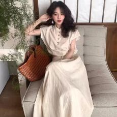 批发酒午纽扣下摆抽绳短袖上衣女夏+松紧腰半身裙新中式国风两件套装