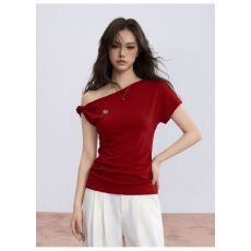 人棉260克# 美式辣妹红色露肩斜肩短袖t恤女夏季2026年新款修身收