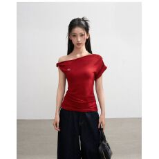 人棉260克# 红色斜肩露肩正肩短袖t恤女夏夏季2026新款修身紧身收