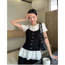 人棉260克  假两件正肩短袖t恤女夏季芭蕾风修身显瘦百搭绝美波点