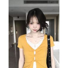 批发人棉260克 美式辣妹多巴胺黄色短袖t恤女夏季镂空扭结假两件上衣