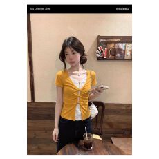 批发人棉260克 假两件拼接蕾丝短袖t恤女夏季显瘦韩系独特漂亮上衣