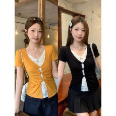 批发人棉260克 蕾丝拼接V领正肩短袖t恤女夏季辣妹修身显瘦假两件上衣
