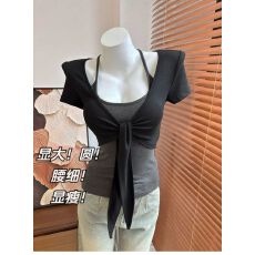 批发人棉260克 黑灰撞色两件套绑带短袖<b class='q'>开衫</b>纯欲辣妹紧身内搭短上衣