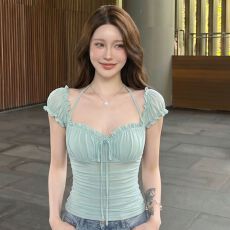 批发原版面料做法#甜美减龄泡泡袖方领夏季2026新款收腰显瘦绝美上衣