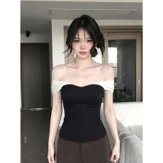 批发人棉空气层+网纱# 抹胸吊带背心<b class='q'>女</b>夏一字肩辣妹修身黑色短款上衣