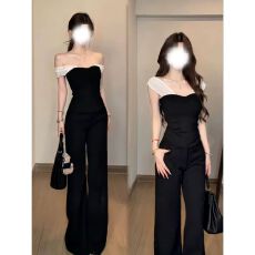 批发人棉空气层+网纱# 拼接抹胸吊带背心<b class='q'>女</b>夏一字肩辣妹黑色短款上衣