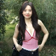 原版面料做法可对比#红色格子背心吊带拼接蕾丝性感挂脖辣妹上衣