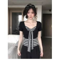 批发酷丝绵+人棉260克 韩系慵懒<b class='q'>条纹</b>蝴蝶结吊带女短袖开衫上衣两件套