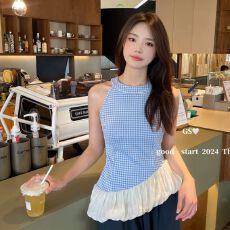 批发原版面料做法#设计感<b class='q'>不规则</b>挂脖吊带背心女2026新款夏季格子上衣