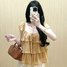 批发原版面料做法#甜妹方领小飞袖蕾丝边<b class='q'>雪纺</b>衫女夏季纯欲荷叶边<b class='q'>衬衣</b>