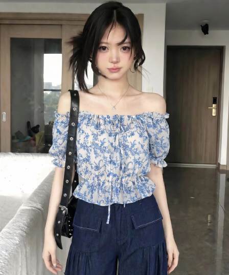 프랑스식 전원 바람 오프숄더 수신 Pleat 꽃무늬 티셔츠 여성 2026 새로운 여름 레트로 디자인 센스 쇼트 스타일 맨위