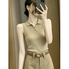 批发韩系独特漂亮卡其色针织polo领无袖背心女夏季<b class='q'>泰国</b>绝美辣妹小上衣