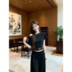 批发260克人棉#纯欲风蕾丝拼接斜肩收腰短袖<b class='q'>T</b><b class='q'>恤</b>上衣女夏新款收腰显瘦