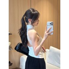 批发260克人棉#蕾丝露背高领无袖背心女<b class='q'>夏</b>季纯欲辣妹褶皱修身显瘦上衣