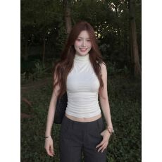 批发260克人棉#蕾丝露背高领无袖背心女<b class='q'>夏</b>季纯欲辣妹褶皱修身显瘦上衣