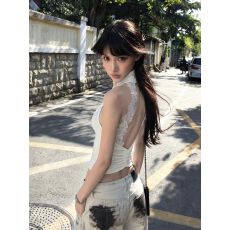 批发260克人棉#蕾丝露背高领无袖背心女<b class='q'>夏</b>季纯欲辣妹褶皱修身显瘦上衣