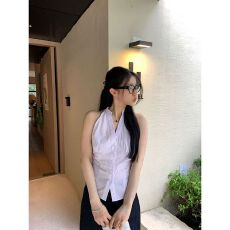 批发王少女的店普罗花廊条纹立领衬衫2026夏新款纯欲收腰无袖上衣