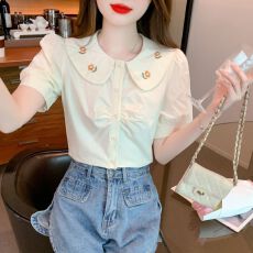 批发杏色绝美娃娃领<b class='q'>短袖</b>衬衫女夏季新款修身褶皱衬衫法式洋气刺绣上衣