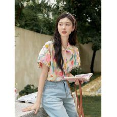 批发法式复古油画印花衬衫女2026夏季新款女装显瘦宽松<b class='q'>短袖</b>衬衣上衣女