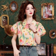 批发法式复古油画印花衬衫女2026夏季新款女装显瘦宽松<b class='q'>短袖</b>衬衣上衣女