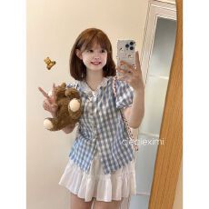 批发2026年新款时尚洋气前后两穿蕾丝花边领格子<b class='q'>短袖</b>衬衫小清新上衣女