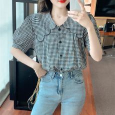 批发小个子娃娃领衬衣女夏季新款时尚法式别致<b class='q'>短袖</b>设计感宽松格子上衣