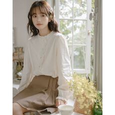 批发小清新立领<b class='q'>长袖</b><b class='q'>衬衫</b>上衣女秋季新款设计感法式甜美木耳边小众<b class='q'>衬衣</b>