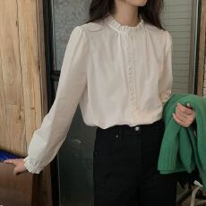 批发法式复古白色<b class='q'>衬衫</b>女2026年春季新款木耳边百搭<b class='q'>长袖</b><b class='q'>衬衣</b>叠穿高级感