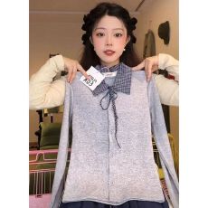 批发2026秋新款格纹拼接polo领上衣内搭系带灰色针织t恤女开襟打底衫