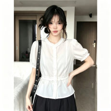 批发韩系白色短袖<b class='q'>衬衫</b>女夏2026新款泡泡袖<b class='q'>衬衣</b>温柔风法式设计绝美上衣