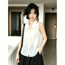 批发韩系白色无袖背心<b class='q'>衬衫</b>女装夏季设计感小众绝美<b class='q'>衬衣</b>娃娃衫气质上衣