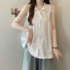 批发韩系白色无袖背心<b class='q'>衬衫</b>女装夏季设计感小众绝美<b class='q'>衬衣</b>娃娃衫气质上衣