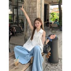 批发韩系白色无袖背心<b class='q'>衬衫</b>女装夏季设计感小众绝美<b class='q'>衬衣</b>娃娃衫气质上衣