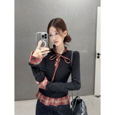 批发假两件撞色长袖t恤女装早春季韩系穿搭设计感修身针织衫上衣chic