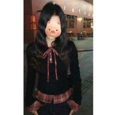 批发假两件撞色格子拼接针织衫女春秋季修身设计感系带内搭打底衫上衣