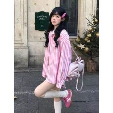 批发多巴胺粉色条纹衬衫女初<b class='q'>夏</b>季宽松休闲衬衣外套oversize学院风上衣