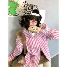 批发粉色撞色条纹衬衫女早春美式复古长袖衬衣外套宽松休闲防晒上衣潮
