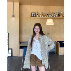 批发秋季慵懒风韩系<b class='q'>格子</b>衬衫长袖polo领衬衣女装小众百搭宽松开衫上衣
