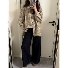 批发韩系简约百搭开叉<b class='q'>格子</b>长袖<b class='q'>衬衫女</b>秋季休闲风宽松显瘦翻领上衣衬衣