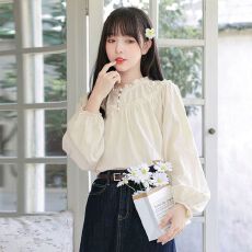 批发2026秋季新款圆领木耳边<b class='q'>长袖</b><b class='q'>衬衫</b>女百搭宽松法式甜美设计感<b class='q'>衬衣</b>