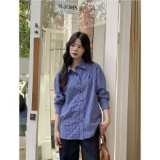批发复古蓝色格子刺绣长袖衬衫女秋季慵懒风休闲chic宽松打底叠穿上衣