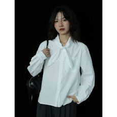 批发法式别致气质飘带白色长袖衬衫女秋季设计感小众宽松休闲衬衣上衣