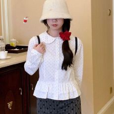 批发白色波点<b class='q'>娃娃领</b><b class='q'>衬衫</b>女春秋季设计感小众绑带<b class='q'>衬衣</b>下摆花边长袖上衣