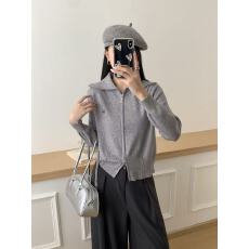 批发双拉链大翻领外套女2025秋冬新款<b class='q'>宽松</b>慵懒风休闲针织开衫