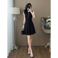 批发7637法式2025夏季新款纯色罗纹气质Polo领针织裙无袖迷你连衣裙女