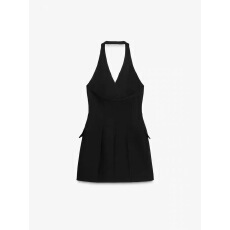 批发ZA<b class='q'>欧美</b>风秋冬新款时尚挂脖领双排扣无袖迷你连衣裙